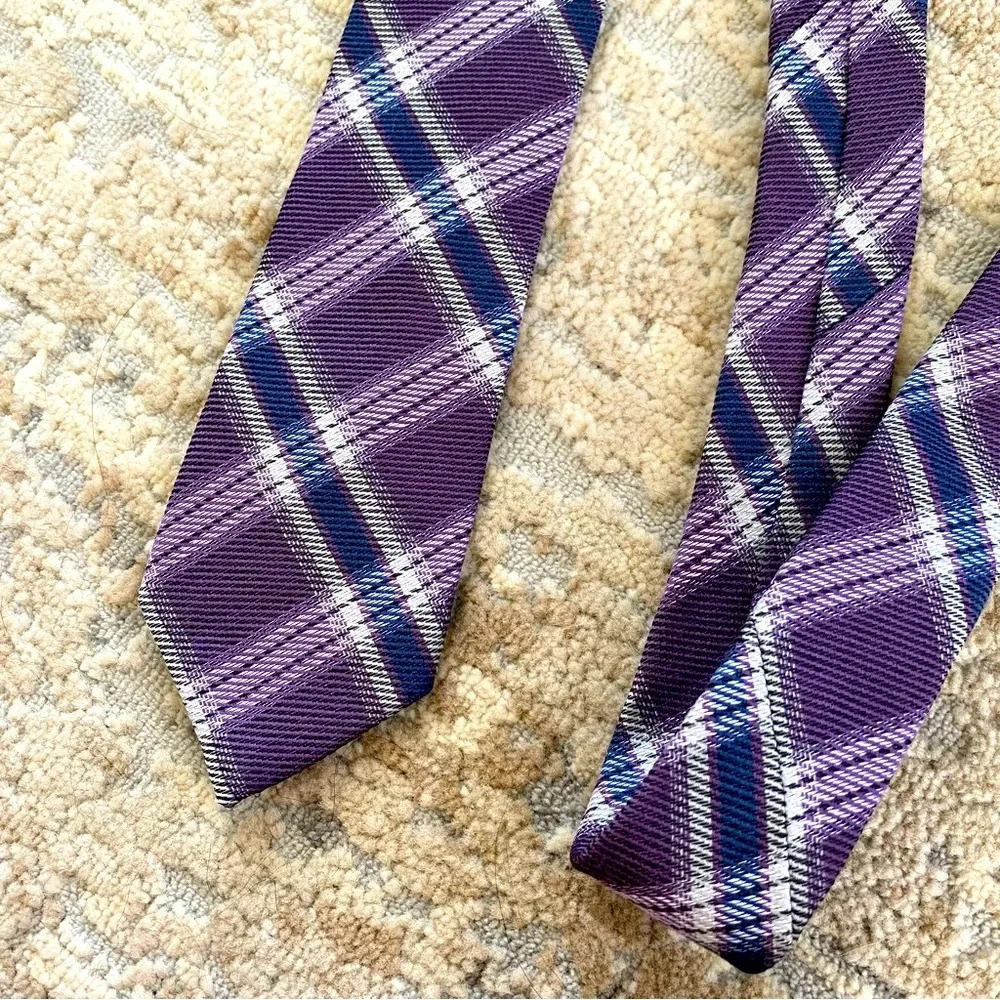 DKNY Purple Blue White Plaid Silk Wool Neck Tie Skinny